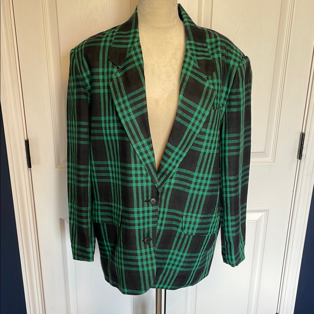 Vintage Designer Georges Rech Paris Linen Green Navy Plaid Blazer
